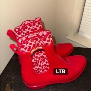 Coach Signature Print Red and Pink Rubber Rain Boots
